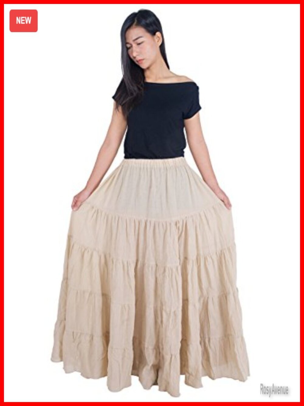 Women's Cotton Long Ruffle Maxi Skirt Elastic Waist Bohemian